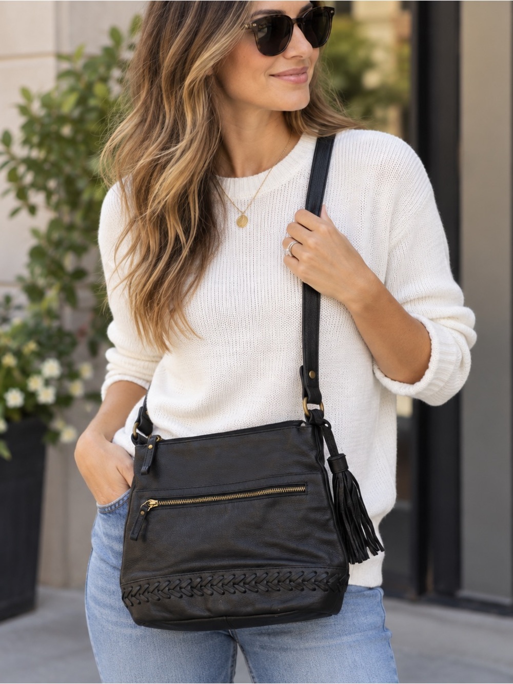 Great American Leather Works Black Genuine Leather Crossbody Shoulder Bag Tassel